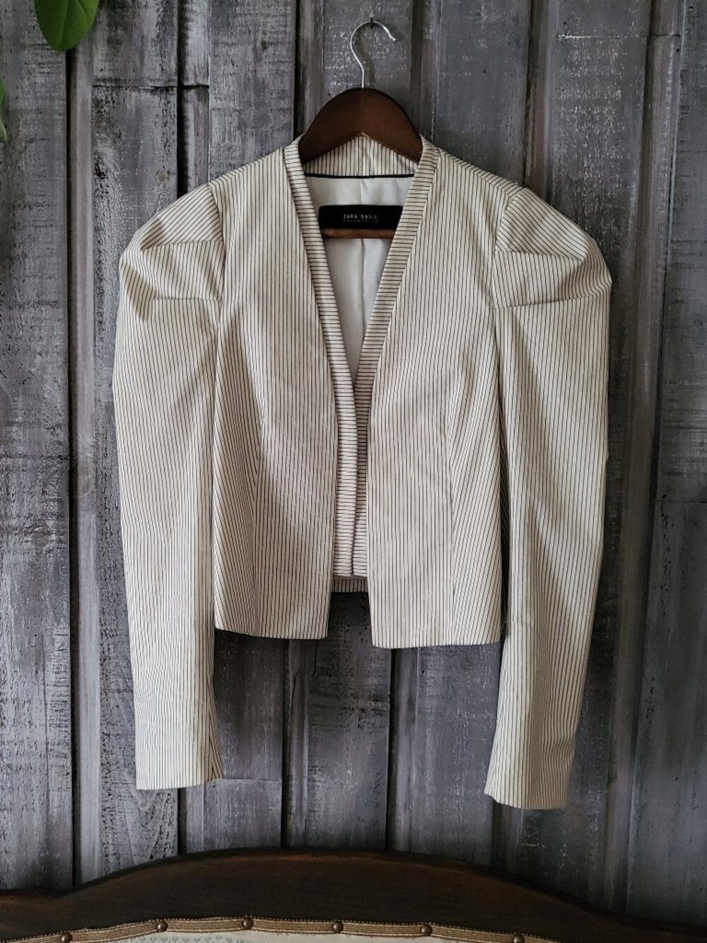 ZARA Stripe Puff Sleeve Crop Blazer Jacket Pinstripe M